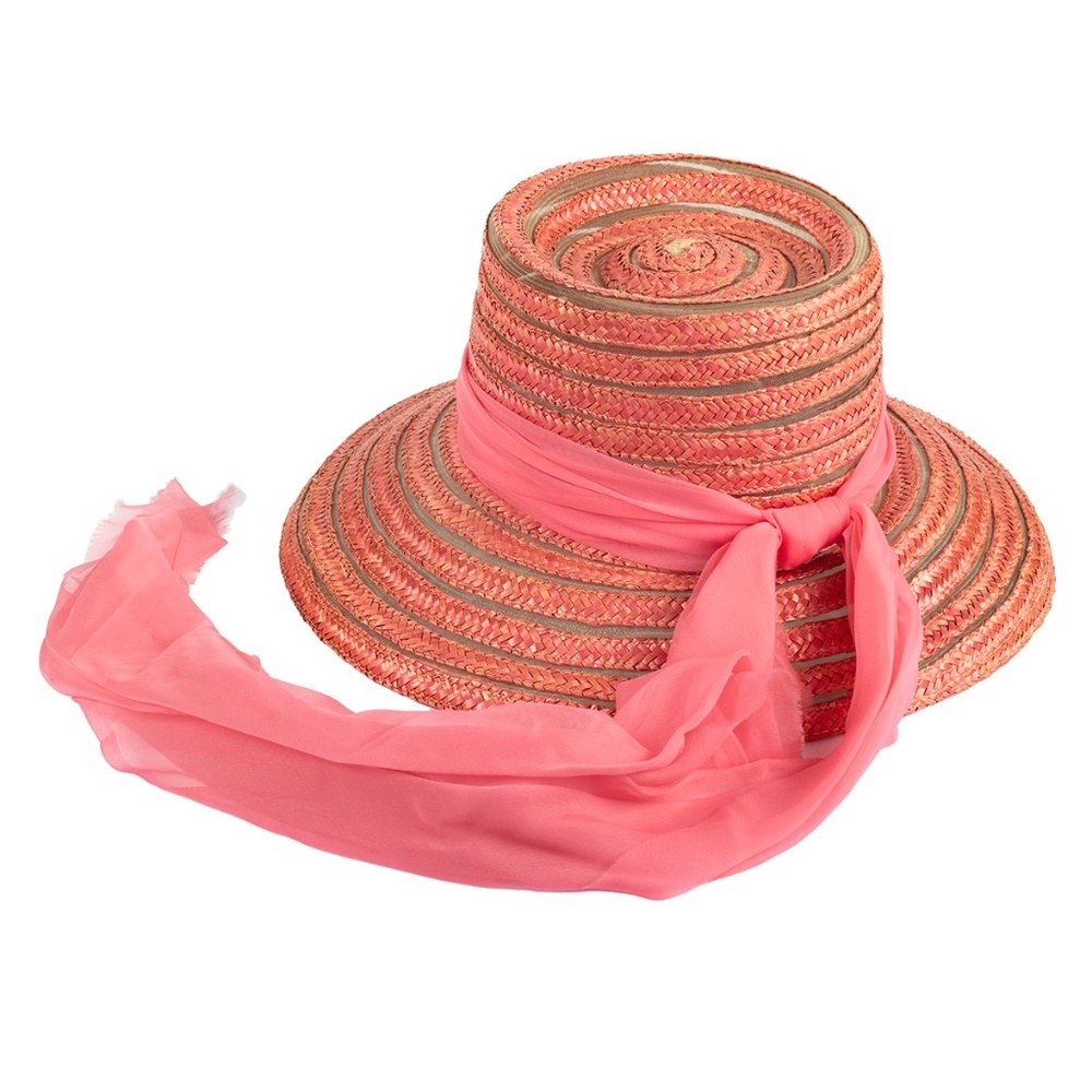 Happy Cappers Vintage Pink Straw Sun Hat With Silk Chiffon Scarf